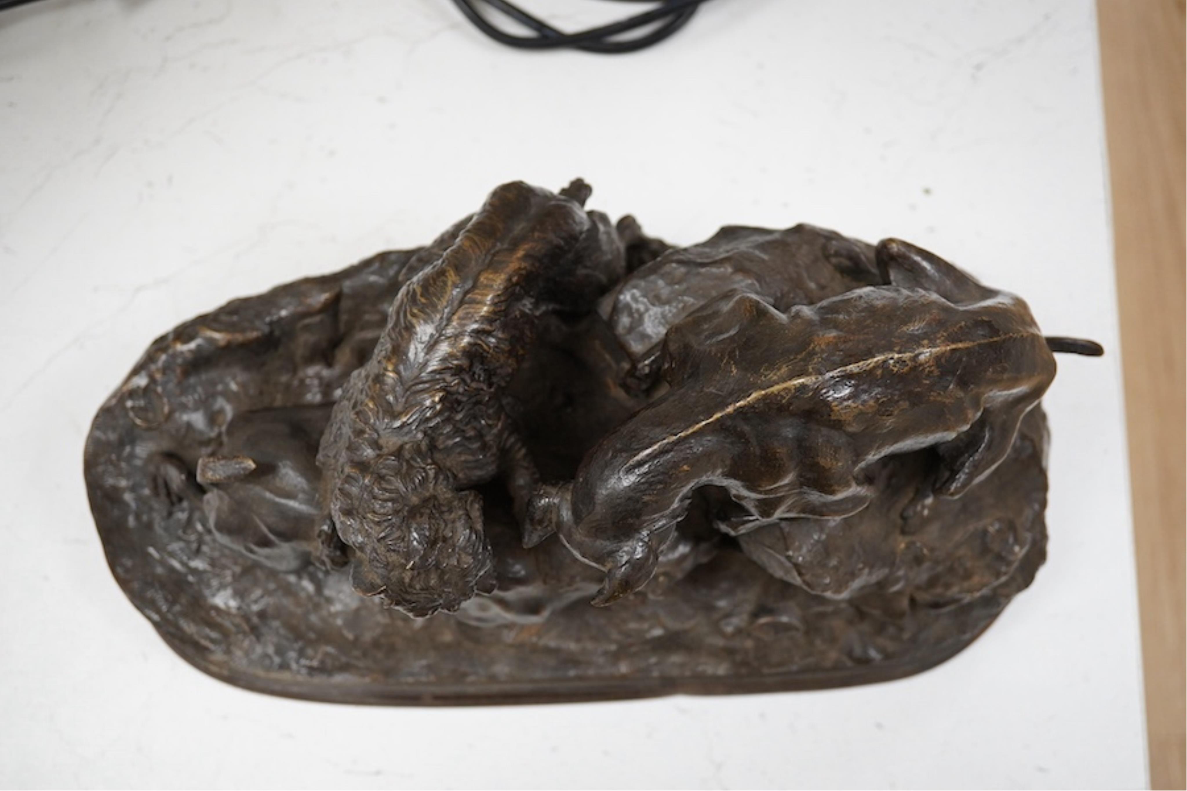 After Pierre Jules Mene (1810-1871) a bronze group ‘La Chasse au Lapin’, 37cm wide. Condition- fair to good